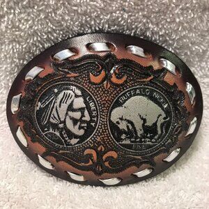 Vintage Buffalo Nickel‎ Leather Belt Buckle - Western Cowboy Style